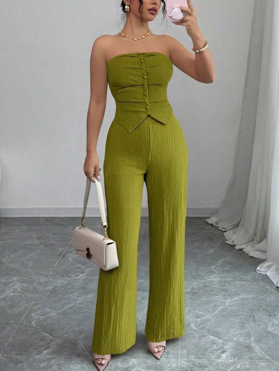 Conjunto de top elegante y pantalón largo, look minimalista de oficina, con top satinado y sexy para fiestas. Conjunto de mujer con pantalón verde ajustado con cremallera, sin mangas - Verde - Ver 1