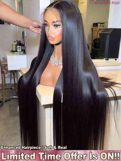 200% 密度直发 5*5 13*4 蕾丝前假发，带婴儿发 - 自然黑色，即戴即用，预先修剪、拉直、熨烫，巴西原生高清透明蕾丝前假发，无需胶水 - 自然发际线，耳到耳，预先拔毛、预先漂白，无需胶水，无需技巧，直发前额假发，无需胶水，前额无胶编织假发，女士日常佩戴，混合发