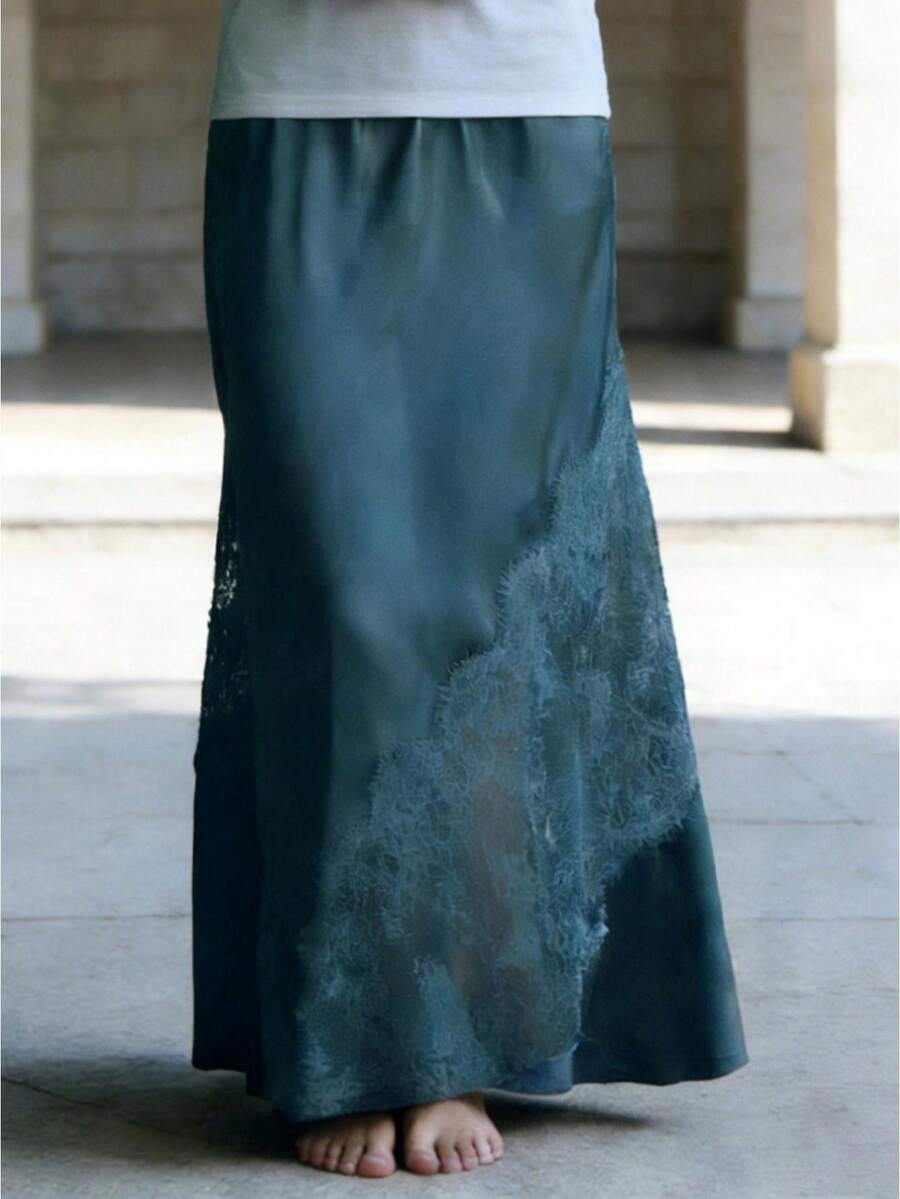 Women's Long Skirt Casual Lace Patchwork Solid Color Stylish Mid Rise Skirt For Spring And Summer - Blue - View 1