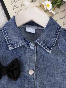 2pcs Girls Toddler Vintage Street Style 3D Bow Denim Vest + Solid Color Suspender Romper Set, Summer - Black - View 5