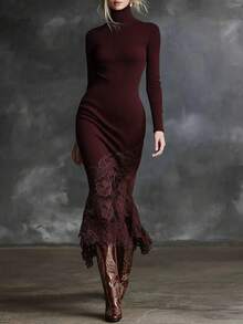 Vestido largo elegante cuello alto ajustado manga larga con falda de encanto para mujer - Vino tinto - Ver 7