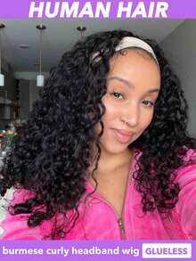 缅甸卷发 24 英寸发箍假发 真人发发箍假发 女士无胶无蕾丝前真人发发箍假发 巴西原生发机织假发 自然黑 200% 密度（18 20 22 24 英寸，自然黑#1B） - Natural Black - 查看 1