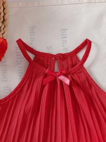 Baby Girls' Solid Color Spaghetti Strap Bowknot Ruffle Hem Top And Straight Leg Pants 2 Piece Outfit, Suitable For Daily Outings In Spring/Summer - Red - View 4