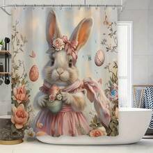 1/4pcs Easter Vintage Pink Dress Rabbit Floral Bathroom Four-Piece Set Home Decor, Bathroom Curtain, Bathroom Set, Including Shower Curtain And Bathroom Mat Set. This Decorative Bathroom Set Includes A Shower Curtain, U-Shaped Toilet Mat, Non-Slip Floor Mat, Toilet Lid Cover, And 12 Shower Curtain Hooks. It's Suitable As A Gift For Housewarmings, Birthdays, Holidays, And For Couples. - A - View 5