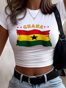 Ladies' Crop Exposed Short Sleeved T-Shirt With Ghanaian Flag Graphic 'GHANA' In Yellow And Red Stars,  Casual Summer Tee For Daily Wear, Women's Short Sleeve Ribbed Crop Tee – Lightweight Cropped Top For Casual Daily Wear, High-Waist Outfit Essential - 白色 - 查看 1