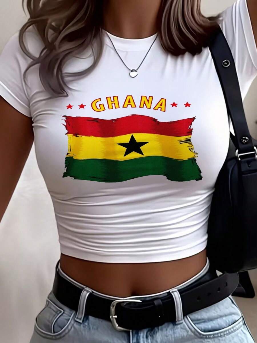 Ladies' Crop Exposed Short Sleeved T-Shirt With Ghanaian Flag Graphic 'GHANA' In Yellow And Red Stars,  Casual Summer Tee For Daily Wear, Women's Short Sleeve Ribbed Crop Tee – Lightweight Cropped Top For Casual Daily Wear, High-Waist Outfit Essential - 白色 - 查看 1