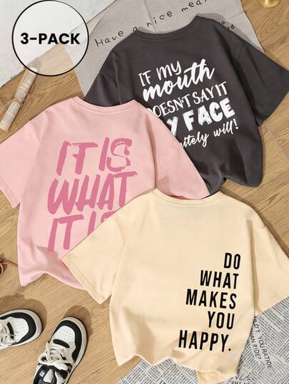 3 قطع تيشيرتات نسائية كاجوال جديدة بتصميم جميل وفضفاضة بياقة دائرية وأكمام قصيرة، ملابس يومية وللعطلات. طقم جديد للنساء للصيف بطباعة جرافيك 3 قطع بياقة دائرية. مناسبة ليوم الحب، العودة للمدرسة، عيد المعلم وأعياد أخرى. طباعة حرفية ناعمة، فضفاضة ومريحة ملابس كاجوال قصيرة الأكمام
