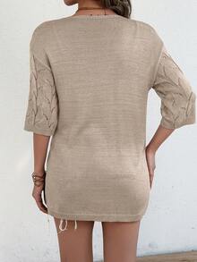 Elegant Open Front Hollow Out Ribbed Drop Shoulder Mid-Sleeve Women Knit Cardigan, Spring/Summer - Khaki - View 2