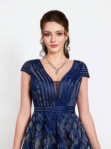Robe de soirée élégante à col en V Mgiacy, robe courte en satin à manches courtes, convient pour les soirées formelles - bleu indigo - Voir 2
