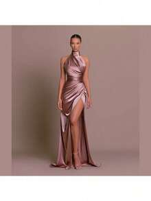 Evening Dress Dress, Temperament Split Neck Sleeveless Party Pleated Dress - 藕粉色 - 查看 2