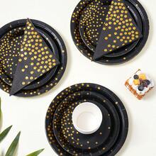 Black & Gold Half-Dot Disposable Tableware Set, 7/9 Inch Party Plates, Disposable Paper Plates, Napkins, Cups, Suitable For Holidays, Weddings, Engagements, Birthdays, Parties, Celebrations - Multicolor - View 3