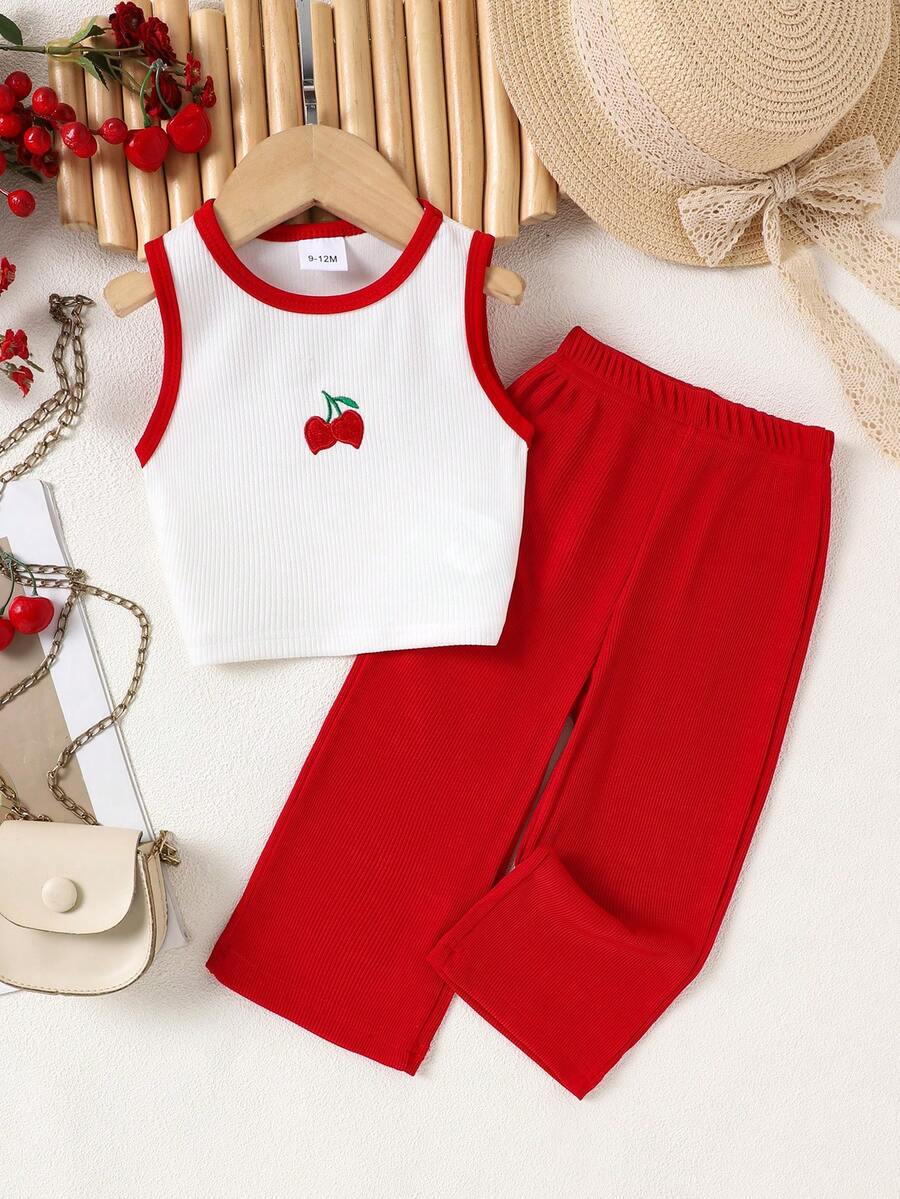 Bộ 2 món cho bé gái gồm áo tank top không tay cổ tròn thêu hình quả anh đào và quần dài thoải mái, thích hợp cho mùa hè. - Đỏ - Xem 1