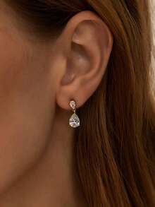 女士垂坠耳环，正式婚礼新娘耳环，14K镀金长款立方氧化锆水滴耳环，精致垂坠耳环，伴娘水滴耳环，舞会首饰 - 金色 - 查看 3