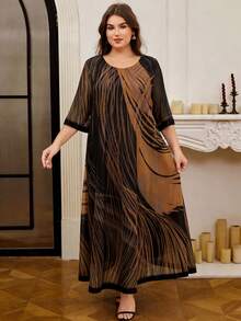Solessence Plus Size Graphic Print Contrast Trim Dress Black Elegant Summer - Black - View 5