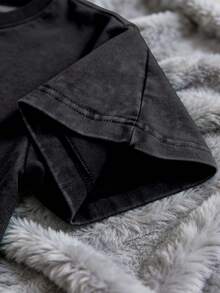 The Size Is Larger Than Usual. It Is Recommended To Size Down By Two Numbers. New Heavy Cotton T-Shirt, American Retro Vintage Washed Distressed Charcoal Solid Color Crew Neck Top, Lazy Oversize Unisex Style Clothing - màu đen - Xem 3