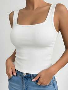 1 pieza Camiseta sin mangas de unicolor casual para mujer, camisola básica de punto con cuello redondo ajustado - Blanco - Ver 1