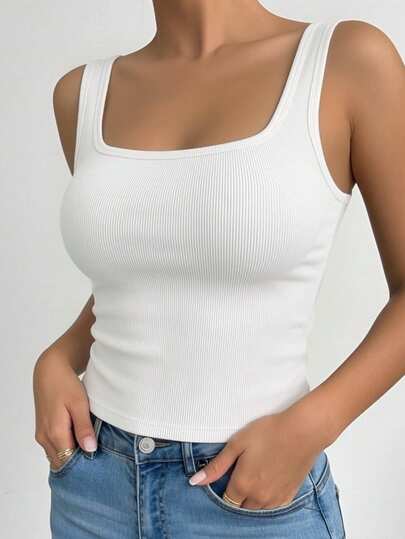 1pc Women's Casual Solid Color Sleeveless Tank Top, Basic Fitted Crew Neck Knit Camisole