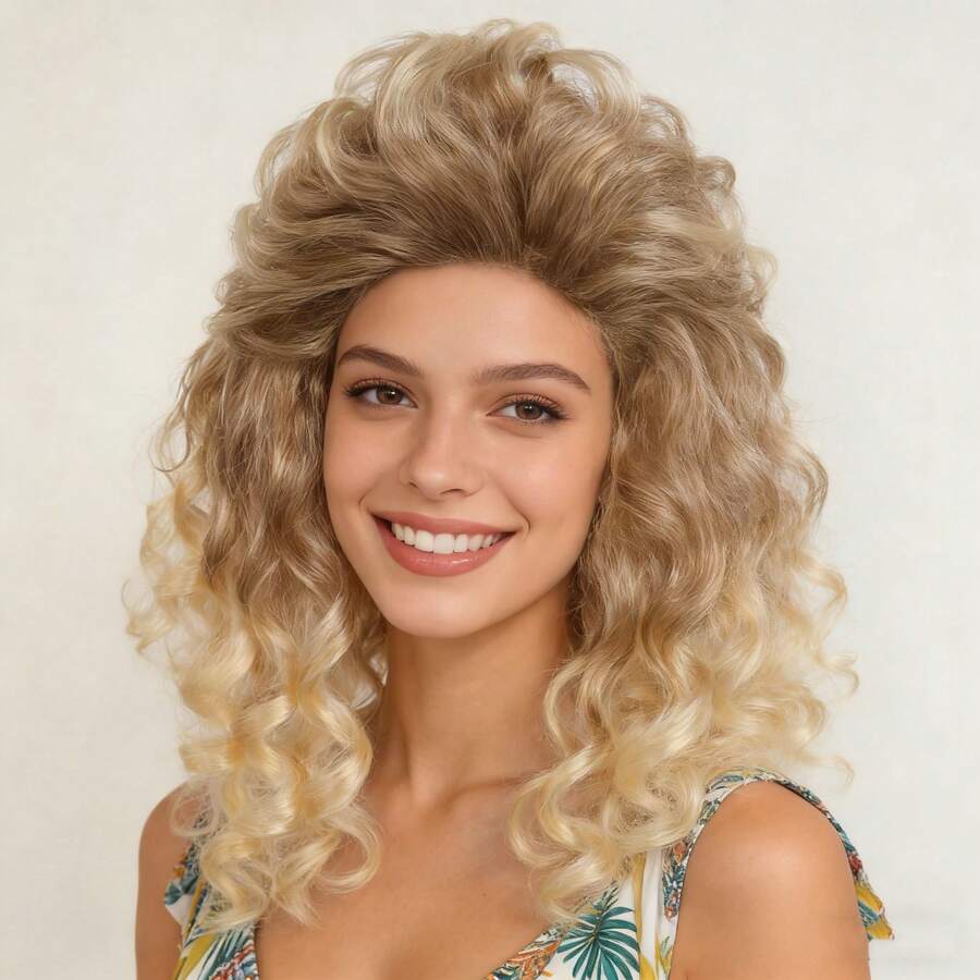 20 Inch Blonde Disco Fluffy Synthetic Wavy Cosplay Wig With Dark Roots For Women 80s Hippie Rocking 70s 90s Theme Party, Retro Elegant Princess Wig Shaggy Layered Big Bouffant Curly Vintage Costume Wig For Holiday Birthday Gift For Christmas Decor - Gold - View 1
