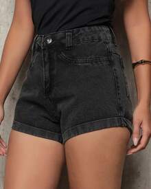 Short Jeans Feminino Cintura Alta Barra Dobrada Casual Verão - Preto - Visão 9