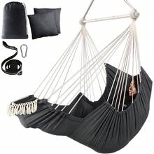 Columpio Colgante para Silla con Hamaca, 2 Cojines, Barra Duradera, Tejido de Algodón Suave, Bolsillo Lateral, Borlas, Reposapiés Grande y Soporte - Azul real-barra separadora metálica - Ver 1