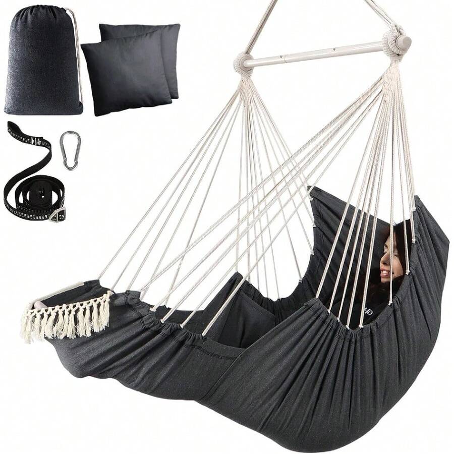 Columpio Colgante para Silla con Hamaca, 2 Cojines, Barra Duradera, Tejido de Algodón Suave, Bolsillo Lateral, Borlas, Reposapiés Grande y Soporte - Azul real-barra separadora metálica - Ver 1