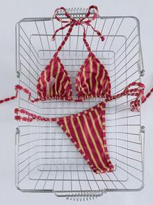 女士性感简约复古魅惑风情两件套休闲度假沙滩旅行派对双面印花挂脖系带泳衣套装，春夏新品 - 紅色 - 查看 3