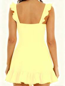 Ruffled Strap Mini Dress For Women Sweetheart Neck Ruched Bust A-Line Ruffle Hem Lace Trim Casual Summer Party Dress - 黃色 - 查看 3