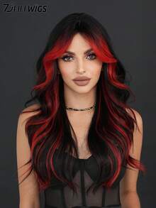 7JHH WIGS Tóc giả dài màu đỏ đen gợn sóng nổi bật dành cho nữ, rẽ ngôi giữa, tóc xoăn với mái rẽ, sợi tổng hợp tự nhiên chịu nhiệt, thích hợp cho các lễ hội âm nhạc, tiệc tùng, Halloween, cosplay, dài 26 inch. - Đánh dấu màu đỏ - Xem 2