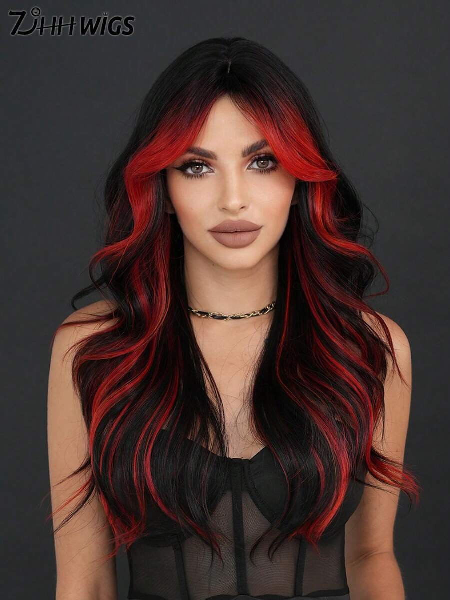 7JHH WIGS Tóc giả dài màu đỏ đen gợn sóng nổi bật dành cho nữ, rẽ ngôi giữa, tóc xoăn với mái rẽ, sợi tổng hợp tự nhiên chịu nhiệt, thích hợp cho các lễ hội âm nhạc, tiệc tùng, Halloween, cosplay, dài 26 inch.