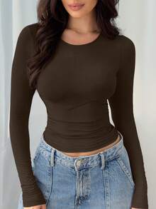 Elegant Versatile Women's Solid Color Round Neck Long Sleeve Ruched Fitted T-Shirt, Suitable For Summer And Autumn/Winter Seasons Spring Casual - Coffee - View 6