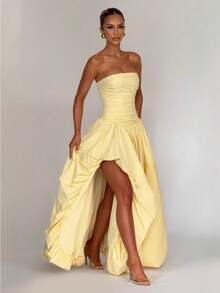 Slimming, Stylish, Fresh, Solid Color, Lace-Up, Low-Neck, Fitted Waist, Pleated, Flared Spaghetti Strap Dress - Màu vàng - Xem 1