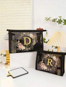 1pc Wide Bottom Mesh Cosmetic Bag, Printed With Floral And Gold Letter Pattern, Mesh Design Prevents Moisture, Suitable For Traveling Bottles, Cosmetics, Toiletries, Skincare, Shampoo, Lotion, Zippered Closure Foldable Lightweight Fade-Resistant Storage Pouch, Gold Mesh Cosmetic Bag With Letter And Floral Print, Ideal Valentine's Day Gift Bag - Multicolor - View 5