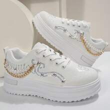 2.6英寸厚底女式运动鞋，春秋新款亮片系带高跟坡跟休闲鞋 - 白色 - 查看 6