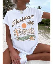 Florida Palm Tree Pattern T-Shirt -Women's Casual Vacation Short Sleeve T-Shirt, Round Neck Short Sleeve Top,Summer Outfits For Women - Summer Tops - 白色 - 查看 1