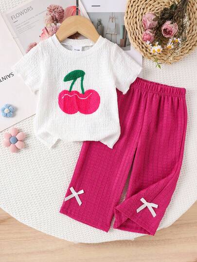 2件套女婴甜美简约3D刺绣樱桃图案无袖T恤+纯色休闲蝴蝶结装饰裤套装，夏季