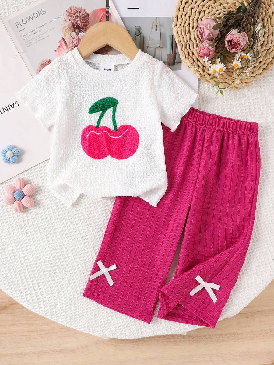 2件套女婴甜美简约3D刺绣樱桃图案无袖T恤+纯色休闲蝴蝶结装饰裤套装，夏季 - 白色 - 查看 1