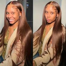 200% Density Straight 13*4 Full Lace Front Wig, Black Brazilian Virgin Hair Hairline, HD Transparent Pre-Trimmed Natural Hairline 5*5 No Glue Pre-Plucked Wig, #4 Brown Mixed Hair Natural Look Elegant Daily Wear Versatile Hair Accessory - Brown - View 10