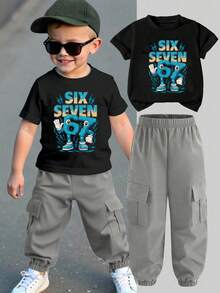 Bộ đồ bé trai in hình hoạt hình: áo tay ngắn cổ tròn và quần cargo. - màu đen - Xem 2