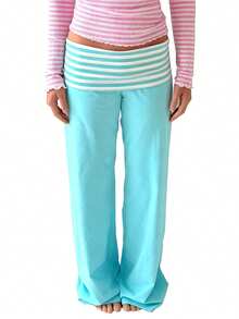 Women Y2k Striped Fold Over Pants Low Rise Yoga Pants Lounge Bottoms Color Block Wide Leg Flare Leggings Sweatpants - 藍色 - 查看 8