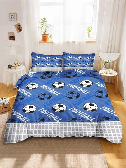 2/3件套足球图案被套套装，适合男孩和青少年，蓝色运动主题床上用品套装，含枕套，135x200厘米柔软超细纤维足球印花床罩，卧室装饰