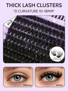 224片D卷翘QUAFFLY假睫毛套装，80D浓密型和尖头混合，DIY假睫毛嫁接套装，含睫毛粘合剂和封口镊子，单根假睫毛，长度混合，打造漫画风格 - 黑色 - 查看 5