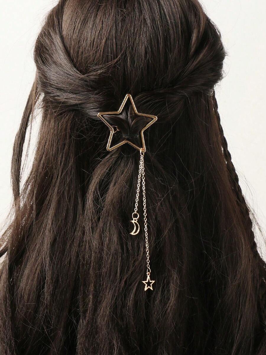 1pc Eid Mubarak Gold Hollow Moon & Star Chain Headpiece, Boho Cute Hip Hop Hair Clip, Star Moon Combo, Eid Gift, Party Hair Accessories - Gold - View 1