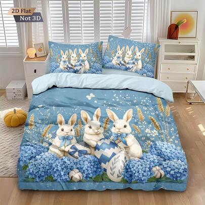 3pcs Set (1 Duvet Cover + 2 Pillowcases, No Filler), Easter Blue Creative Cute Rabbit, Eggs, Flowers Digital Printing Bedding Set, Soft Warm Breathable, Suitable For All Seasons. Multiple Sizes Available Including Plus Size To Meet Different Needs, Suitable For All People And Rooms. Zipper Closure, Machine Washable, Excellent Bedroom Decor, Also Suitable As A Gift.