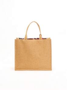 1 chiếc túi tote vải lanh phối lưới và đính sequin nhiều màu sắc, thiết kế thêu hoa lá thời trang, túi đeo vai vuông dung tích lớn, túi mua sắm phong cách thường ngày cho kỳ nghỉ (Họa tiết hoa được phân bố ngẫu nhiên) - Màu tím - Xem 7