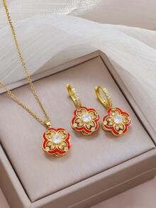 Bộ 1 dây chuyền và bông tai kiểu cổ điển tráng men và đính đá Zirconia siêu nhỏ, đa năng, phù hợp để đeo hàng ngày. - Nhiều màu - Xem 6