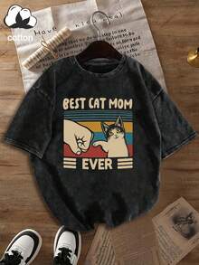 女士圆领猫咪字母印花休闲百搭日常短袖T恤 黑色 夏季 - 黑色 - 查看 1