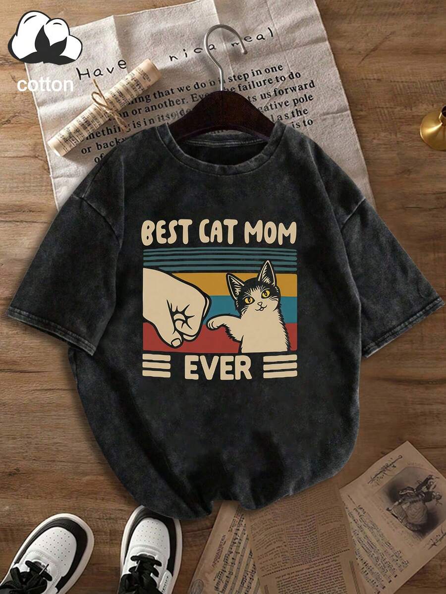 女士圆领猫咪字母印花休闲百搭日常短袖T恤 黑色 夏季 - 黑色 - 查看 1