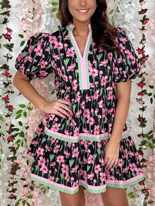 Women's Boho Contrast Trim Floral Dress Y2K Vintage V Neck Mini Dress Short Puff Sleeve Floral Print A Line Party Dress Casual Work Dress Cute Streetwear Dress - 黑色 - 查看 3