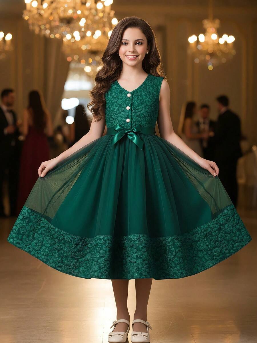 女童绿色云朵提花网纱罩衫连衣裙，适合假日派对 - 綠色 - 查看 1