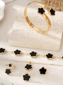 一套时尚金属五叶草花朵手链、项链、耳环、戒指、手镯，优雅女士首饰套装 - 五葉花款 - 查看 5